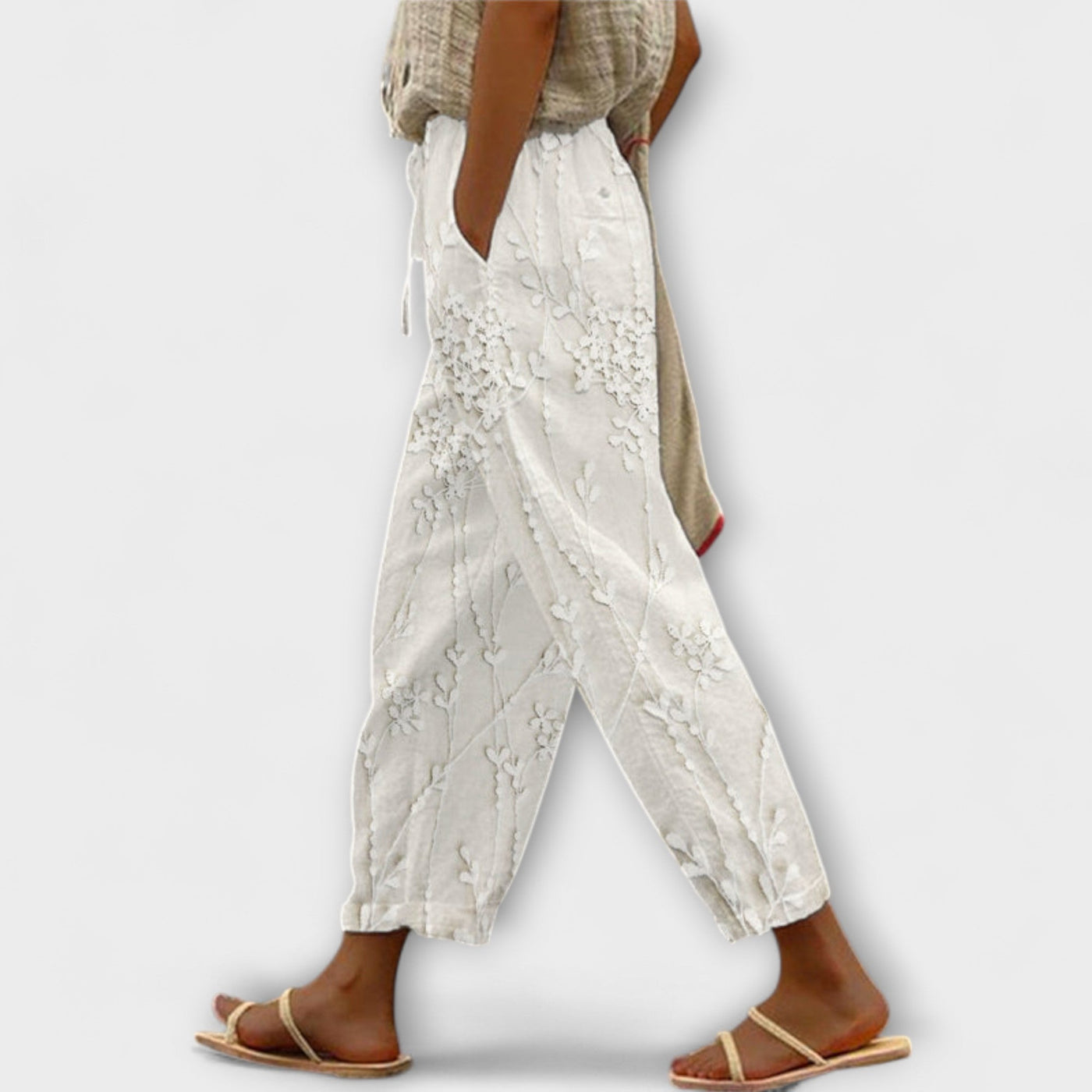 Zoey - Pantalons impresos amb patró de fulles de vinya