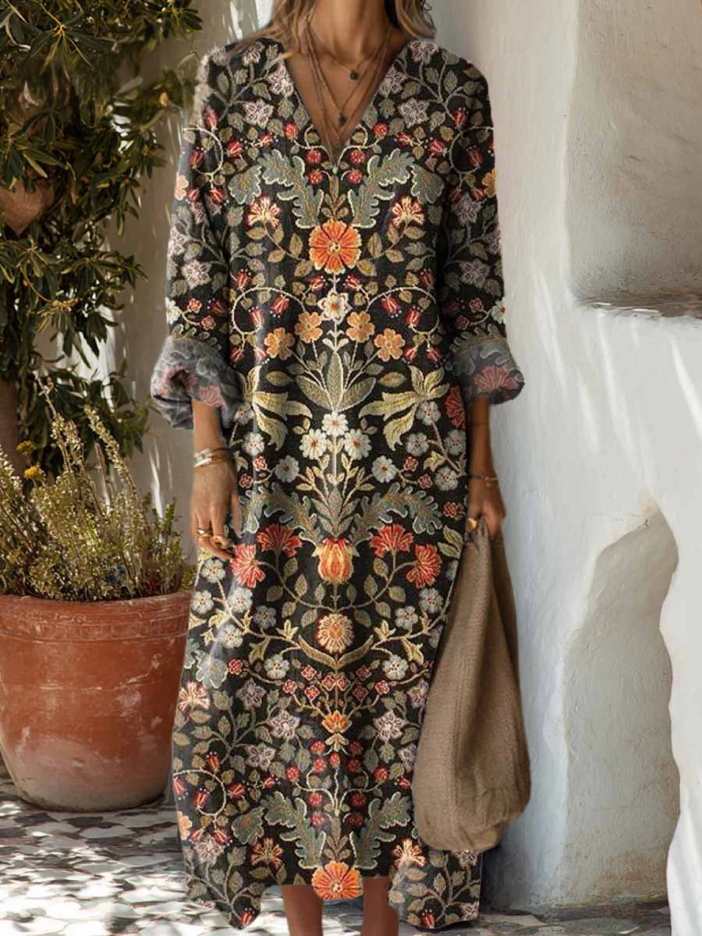 Vestit de cotó amb estampat floral artístic vintage per a dones