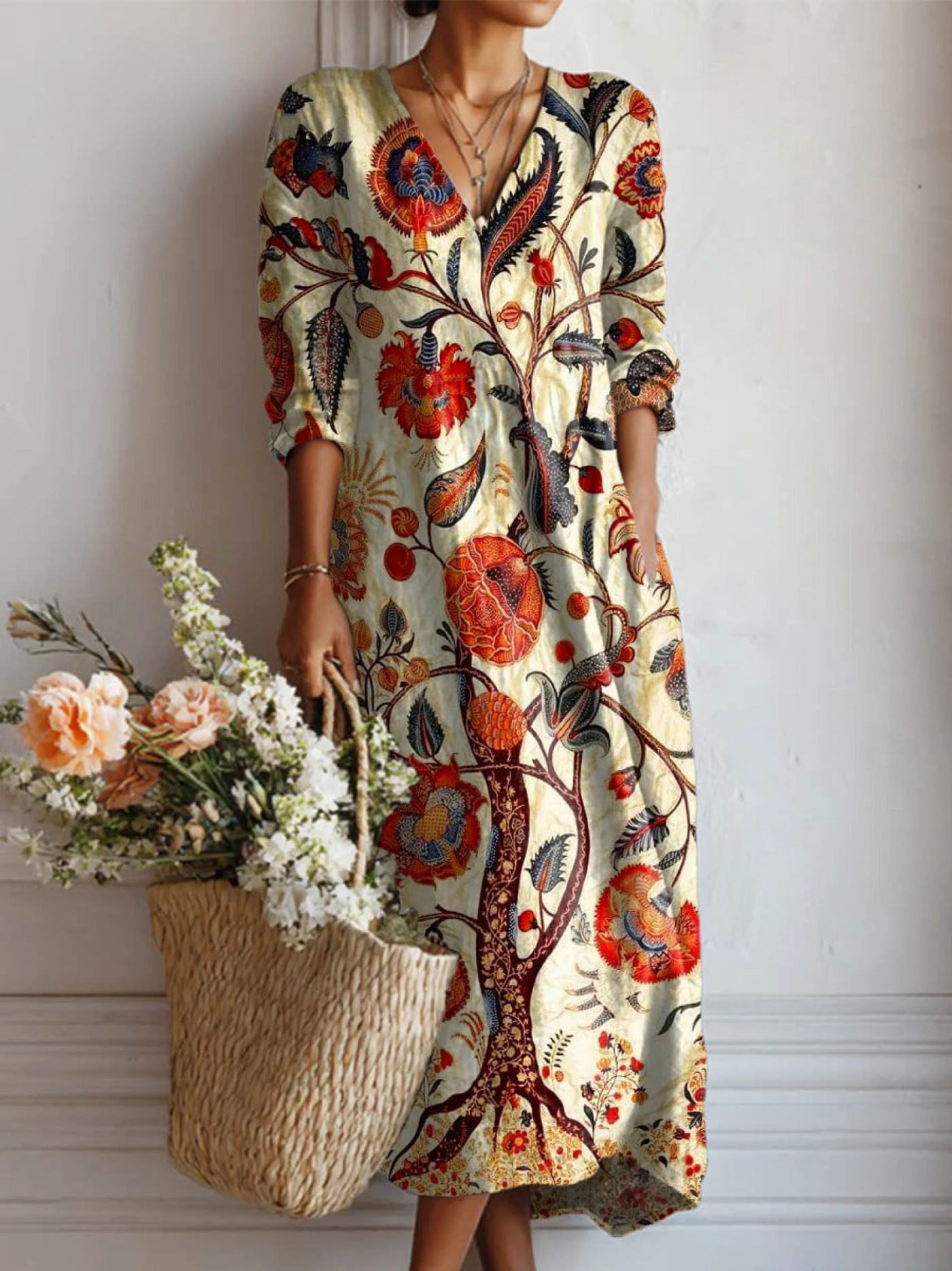 Vestit de butxaca de cotó i lli per a dona amb estampat floral vintage i impressió artística