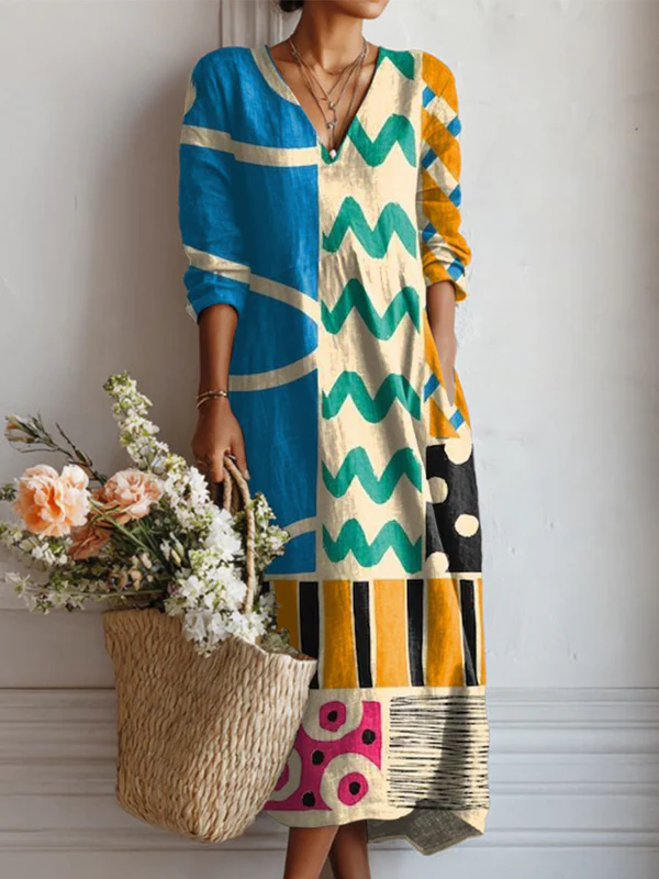 Vestit de lli per a dona amb butxaca, motiu geomètric abstract vintage