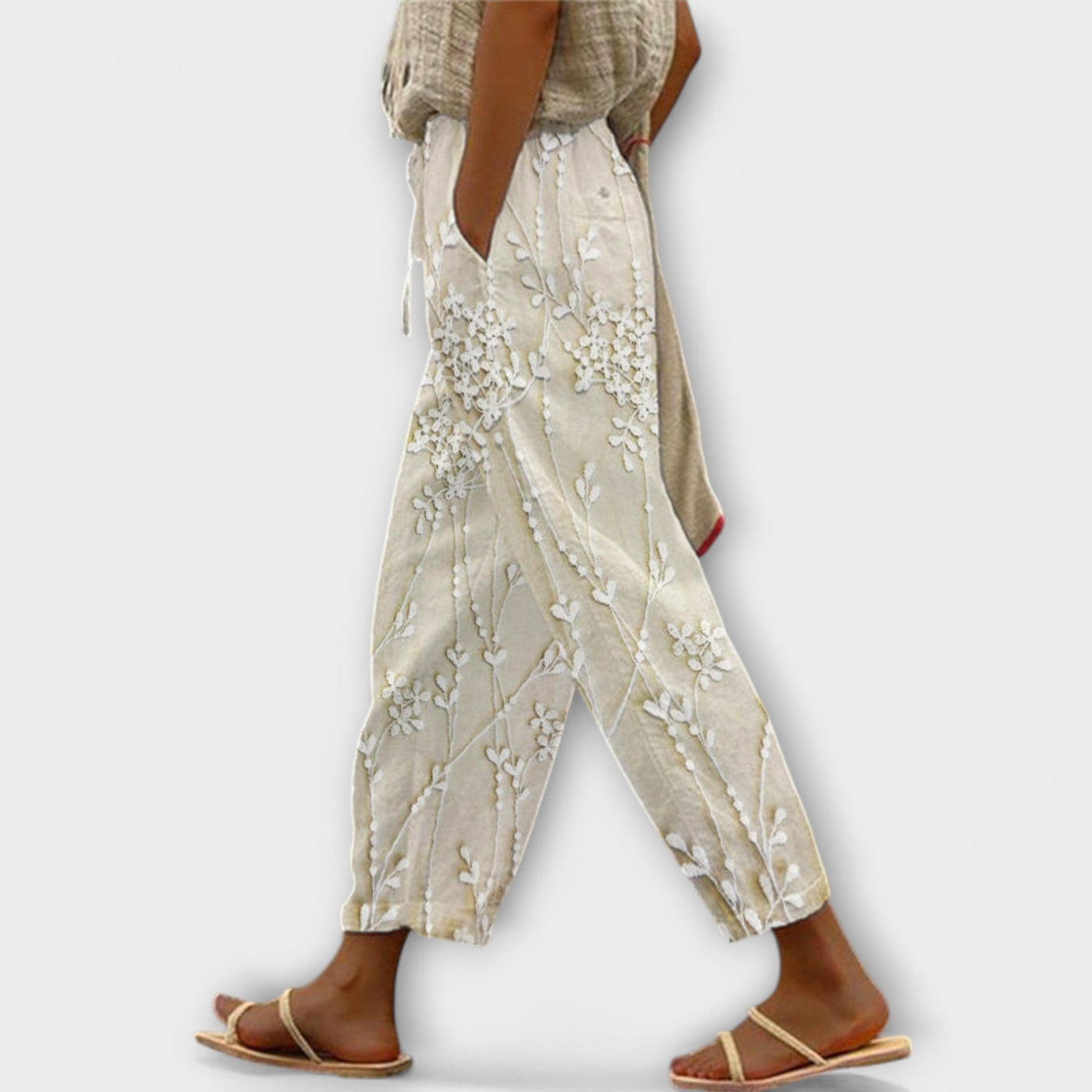 Zoey - Pantalons impresos amb patró de fulles de vinya