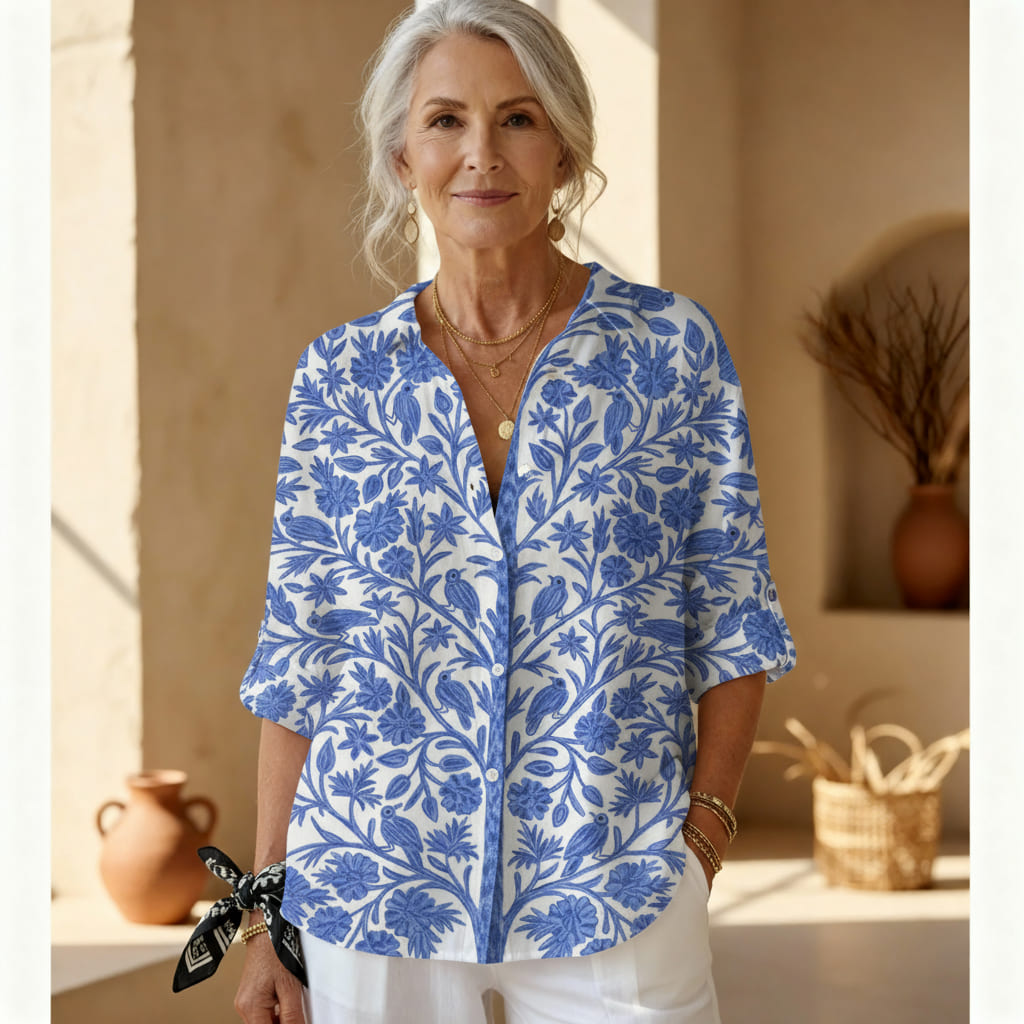 Frederica - Blusa en un jardí blau